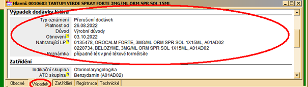 výpadky léků v hlavní informaci opatřené záložkou